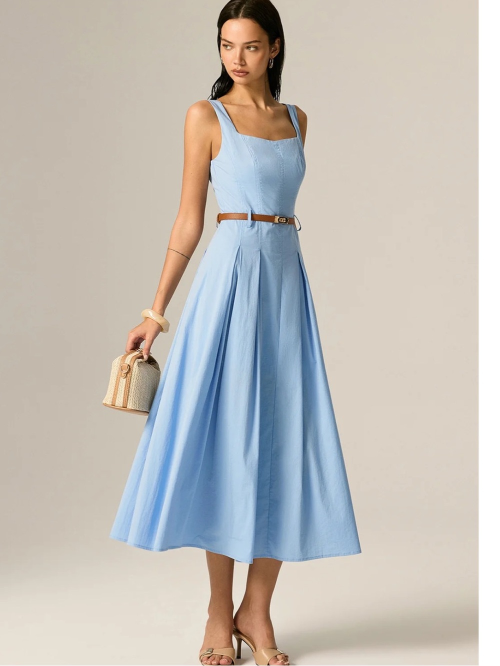 Commense Sleeveless Square-Neck Light Blue Midi Dress Small